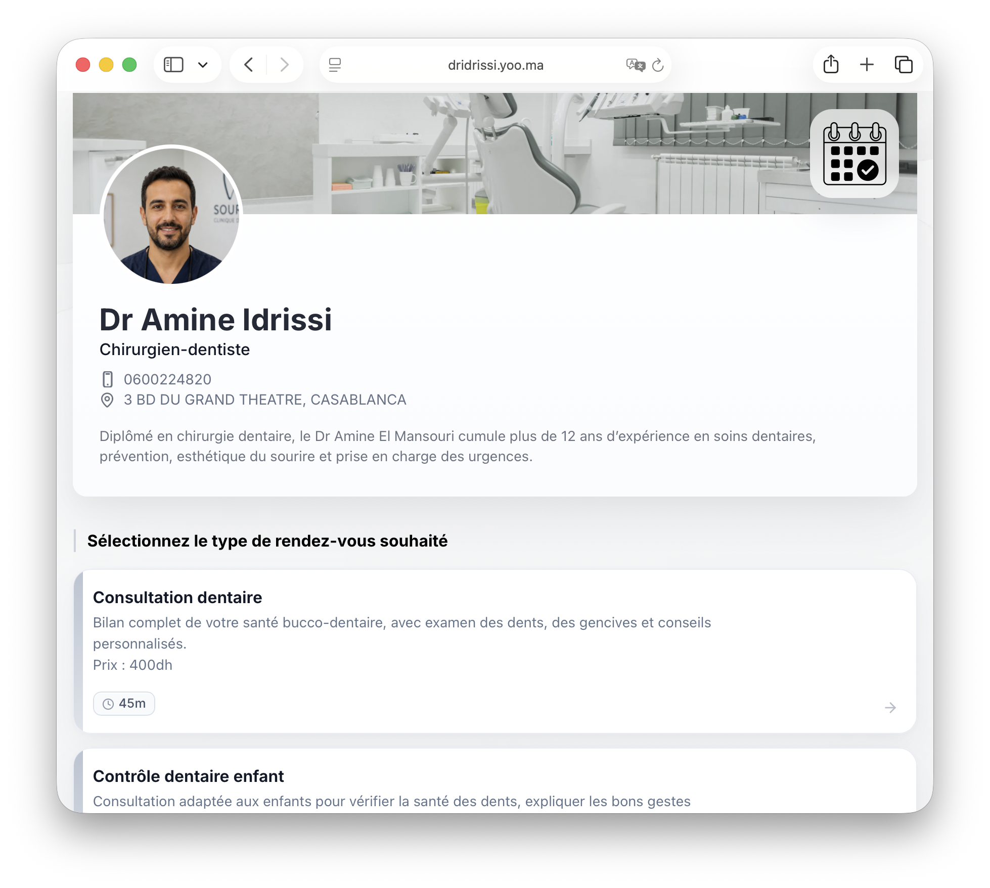 Dentist booking page screenshot