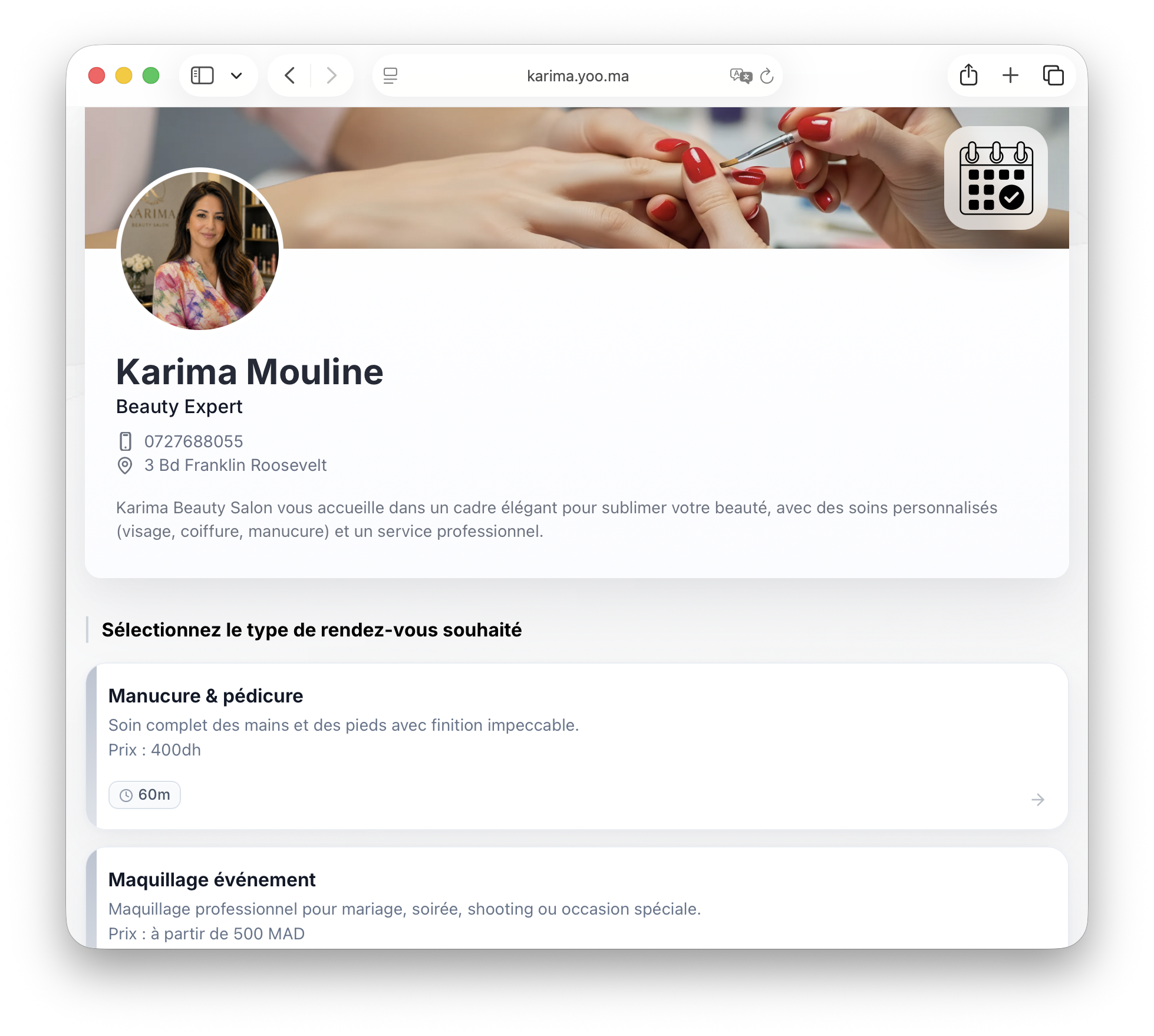 Beauty salon booking page screenshot