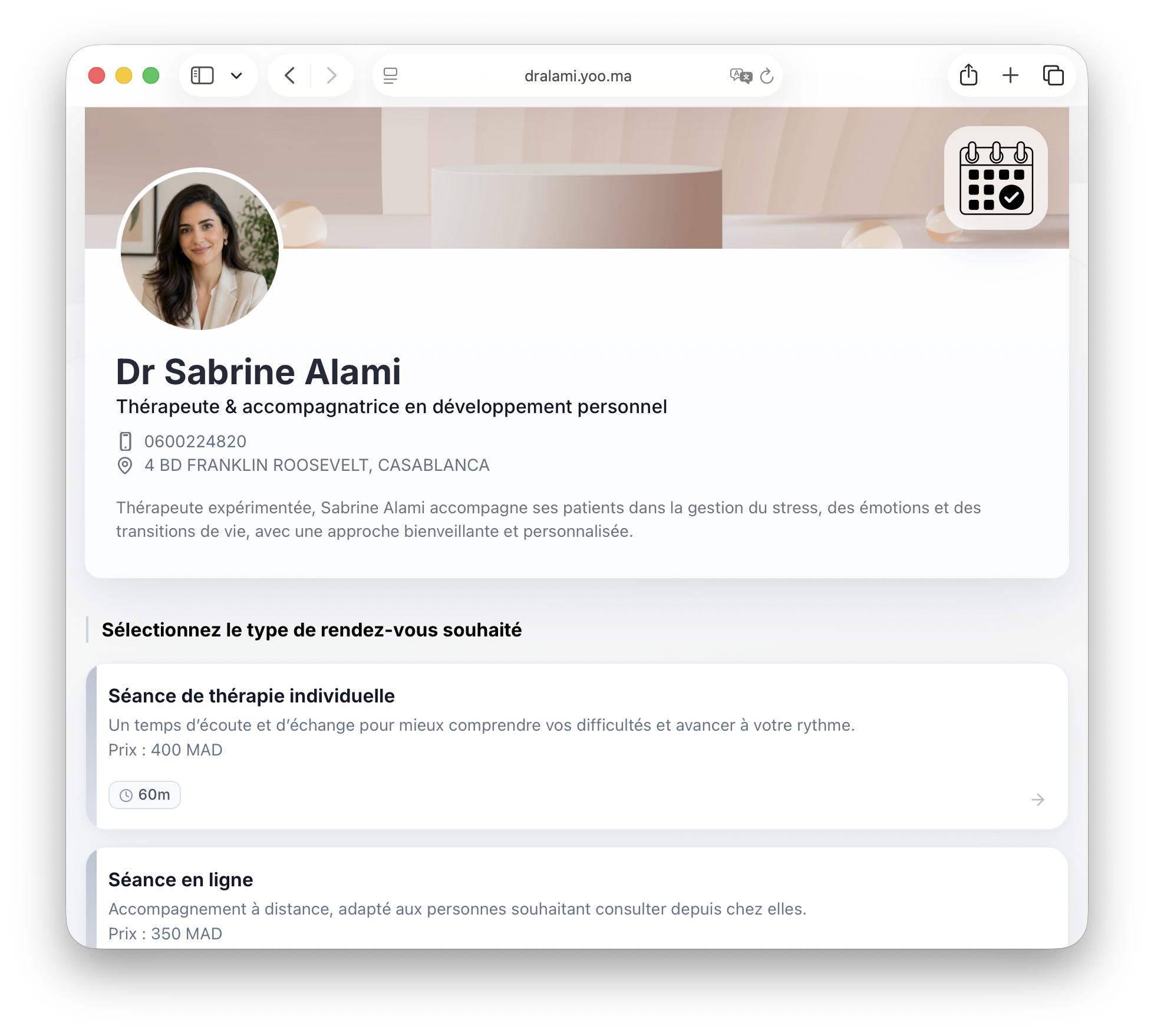 Therapist booking page screenshot