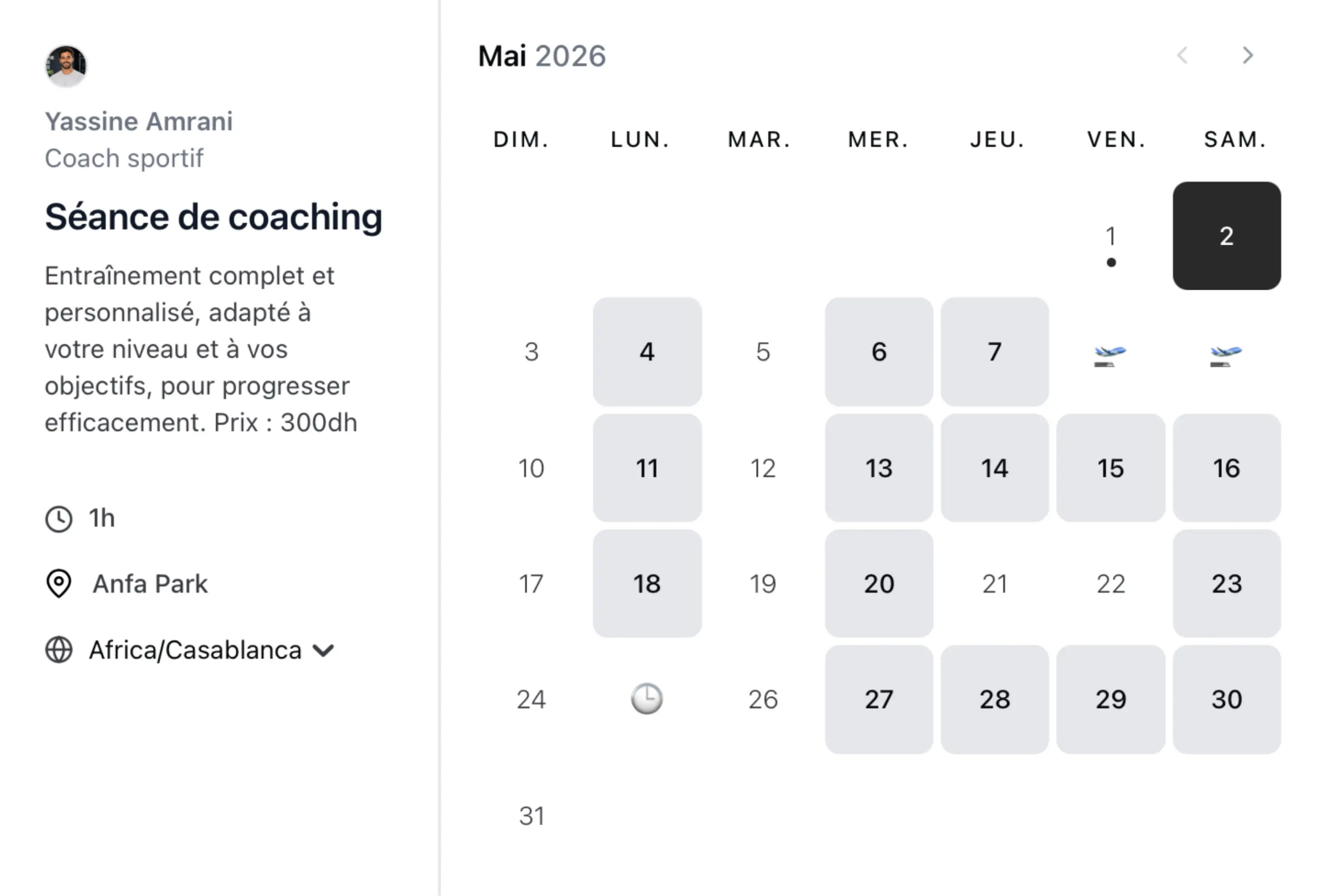Coach booking page preview