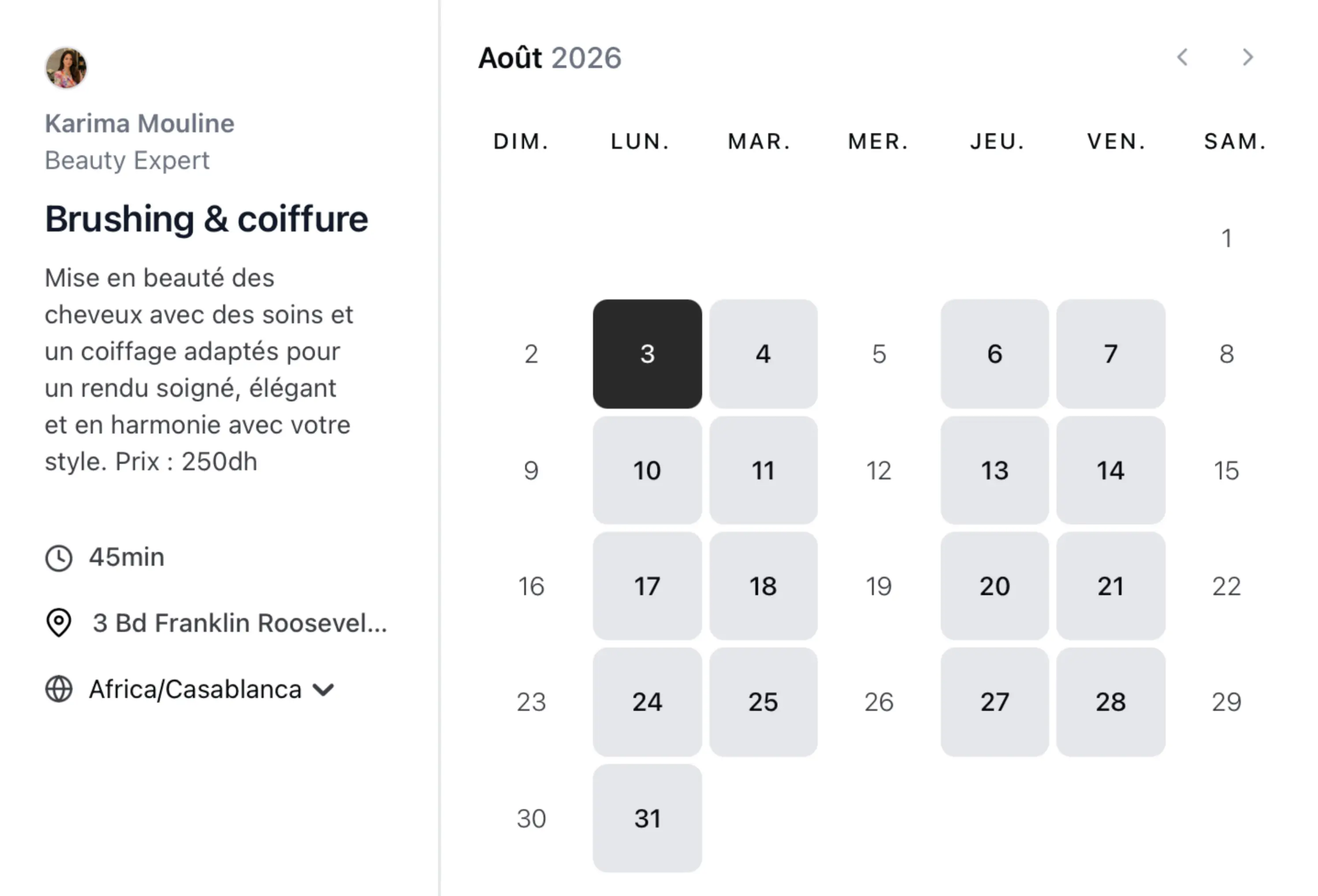 Salon booking page preview